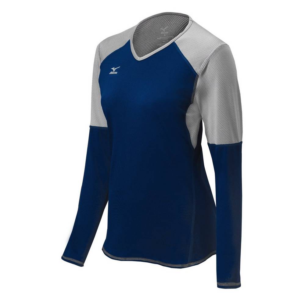 Womens Mizuno Techno VI Long Sleeve Volleyball Jersey Navy/Silver Philippines (YSNBLT089)